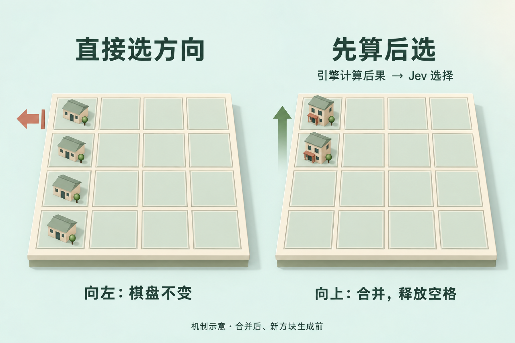 Diagram comparing direct move choice with a choice informed by engine-computed consequences